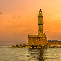 Buy canvas prints of the lighthouse in the harbour of Chania glowing in the sunrise by Stig Alenäs