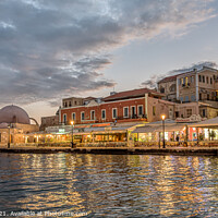 Buy canvas prints of the mosque and restaurants in the venetian harbour of Chania in  by Stig Alenäs