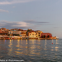 Buy canvas prints of the golden hour in Chania harbour with a view of the bay and the by Stig Alenäs