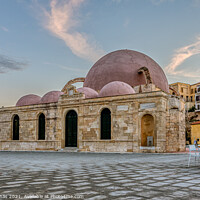 Buy canvas prints of Turkish Mosque Yiali Tzami in the Venetian harbour of Chania bui by Stig Alenäs