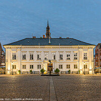 Buy canvas prints of the town hall reflecting in the cobbled square at night by Stig Alenäs