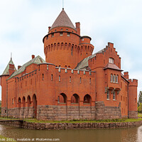 Buy canvas prints of a romantic red castle with a tall tower surrounded by a moat by Stig Alenäs