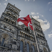Buy canvas prints of twin towers of Lund Cathedral with the danish flag by Stig Alenäs