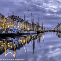 Buy canvas prints of Blue hour in Copenhagen with Christmas decorations reflecting  by Stig Alenäs