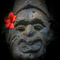 Buy canvas prints of Balinesian stone face with a hibiscus flower by Stig Alenäs