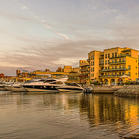 Buy canvas prints of At sunset in the marina, motor yachts with space f by Stig Alenäs