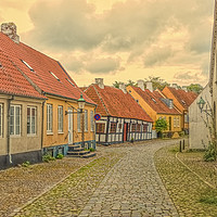 Buy canvas prints of Ancient alleyway with old houses and hollyhocks by Stig Alenäs