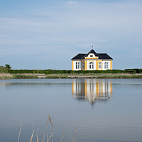 Buy canvas prints of The yellow garden house at Taasinge Castle, reflec by Stig Alenäs