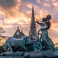 Buy canvas prints of Gefion Fountain and St. Alban’s Church at sunset  by Stig Alenäs