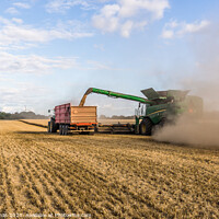 Buy canvas prints of Combine harvester drains its grain in a tractor by Stig Alenäs