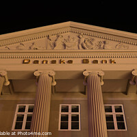Buy canvas prints of The pediment of the danish bank in Copenhagen at night by Stig Alenäs