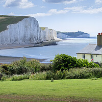 Buy canvas prints of The Coastguard Cottages and the Seven Sisters by Mark Jones