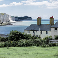 Buy canvas prints of The Coastguard Cottages and the Seven Sisters by Mark Jones