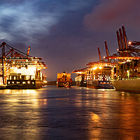 Buy canvas prints of Port of Hamburg with its huge container terminals by night - CIT by Erik Lattwein