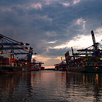Buy canvas prints of Port of Hamburg with its huge container terminals by night - CITY OF HAMBURG, GERMANY - MAY 10, 2021 by Erik Lattwein