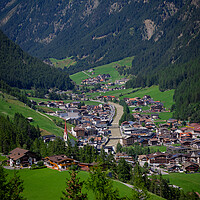Buy canvas prints of Aerial view over the village of Soelden in Austria by Erik Lattwein