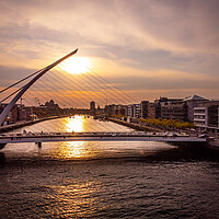 Buy canvas prints of Samuel Beckett Bridge in Dublin at sunset - aerial view by Erik Lattwein