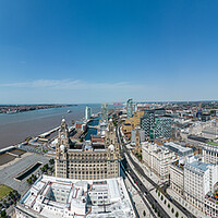 Buy canvas prints of Aerial view over Liverpool and Mersey River - wide angle panorama by Erik Lattwein