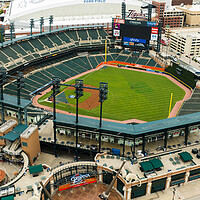 Buy canvas prints of Comerica Baseball Stadium in Detroit aerial view - home of the Detroit Tigers - DETROIT, USA - JUNE 13, 2023 by Erik Lattwein