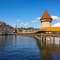 Buy canvas prints of River Reuss and Chapel Bridge in the city of Lucer by Erik Lattwein