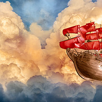 Buy canvas prints of Romantic sailing ship flying in sunset clouds  by Svetlana Radayeva