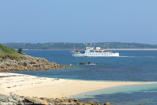 The Scillonian arriving in the Isles of Scilly past the headland Picture Board by Simon Marlow