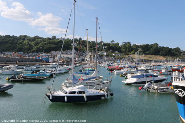 Boats in the Lyme Regis harbour moorings Picture Board by Simon Marlow
