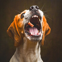 Buy canvas prints of Tricolor Beagle dog waiting and catching a treat in studio, against dark background. by Przemek Iciak