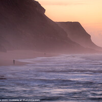 Buy canvas prints of Fishermen in Santa Cruz beach at sunset, in Portugal by Luis Pina