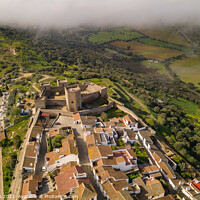 Buy canvas prints of Monsaraz drone aerial view on the clouds in Alentejo, Portugal by Luis Pina