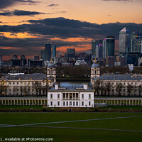 Buy canvas prints of Greenwich Observatory and Canary Wharf in London at sunset, in England by Luis Pina