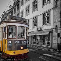 Buy canvas prints of Lisbon Yellow Tram in black and white, in Portugal by Luis Pina