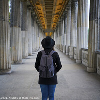 Buy canvas prints of Woman on the middle of the Columns at Alte Nationalsgalerie museum in Berlin by Luis Pina