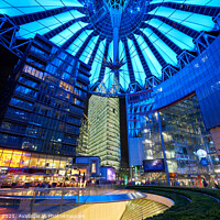 Buy canvas prints of Sony Center in Berlin at night with purple lights on the ceiling by Luis Pina
