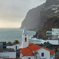 Buy canvas prints of View of São Sebastião church with Cape Girão, in Câmara de Lobos, Madeira by Luis Pina