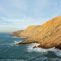 Buy canvas prints of Sea cliffs landscape in Cabo Espichel at sunset, in Portugal by Luis Pina