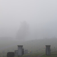Buy canvas prints of Foggy Rural Mountain Cemetery Iron Fence Entrance  by William Jell