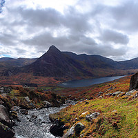 Buy canvas prints of Tryfan and Ogwen panorama. by mark baker