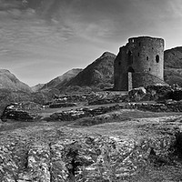 Buy canvas prints of Dolbadarn Castle mono panorama. by mark baker