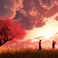 Buy canvas prints of Garden of heaven,Couple in field with sakura tree  by chainat prachatree
