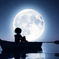 Buy canvas prints of Girl on row boat on the sea under the moonlight,3d by chainat prachatree