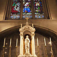Buy canvas prints of Christ Shrine Manger Birth Stained Glass Statue St. Patrick's Ca by William Perry