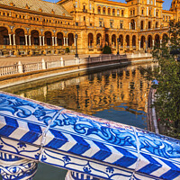 Buy canvas prints of Blue Bridge Plaza de Espana Square Reflection Seville Spain by William Perry