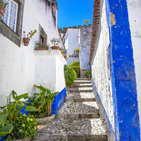 Buy canvas prints of Narrow White Blue Street 11th Century Obidos Portugal by William Perry