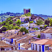 Buy canvas prints of Castle Turrets Towers Walls Orange Roofs Obidos Portugal by William Perry