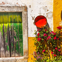 Buy canvas prints of White Yellow Wall Green Door Street Obidos Portugal by William Perry