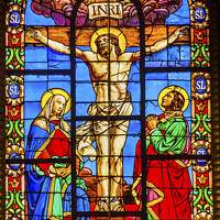 Buy canvas prints of Crucifixion Stained Glass Saint Louis En L'ile Church Paris by William Perry