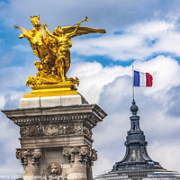 Buy canvas prints of Golden Winged Horse Statue Bridge Flag Grand Palais Paris France by William Perry