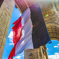 Buy canvas prints of Sunbeam Sun Rays Arc de Triomphe French Flag Paris France by William Perry