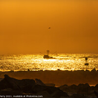 Buy canvas prints of Fishing Boat Leaving Westport Sunset Buoy Grays Harbor Washingto by William Perry